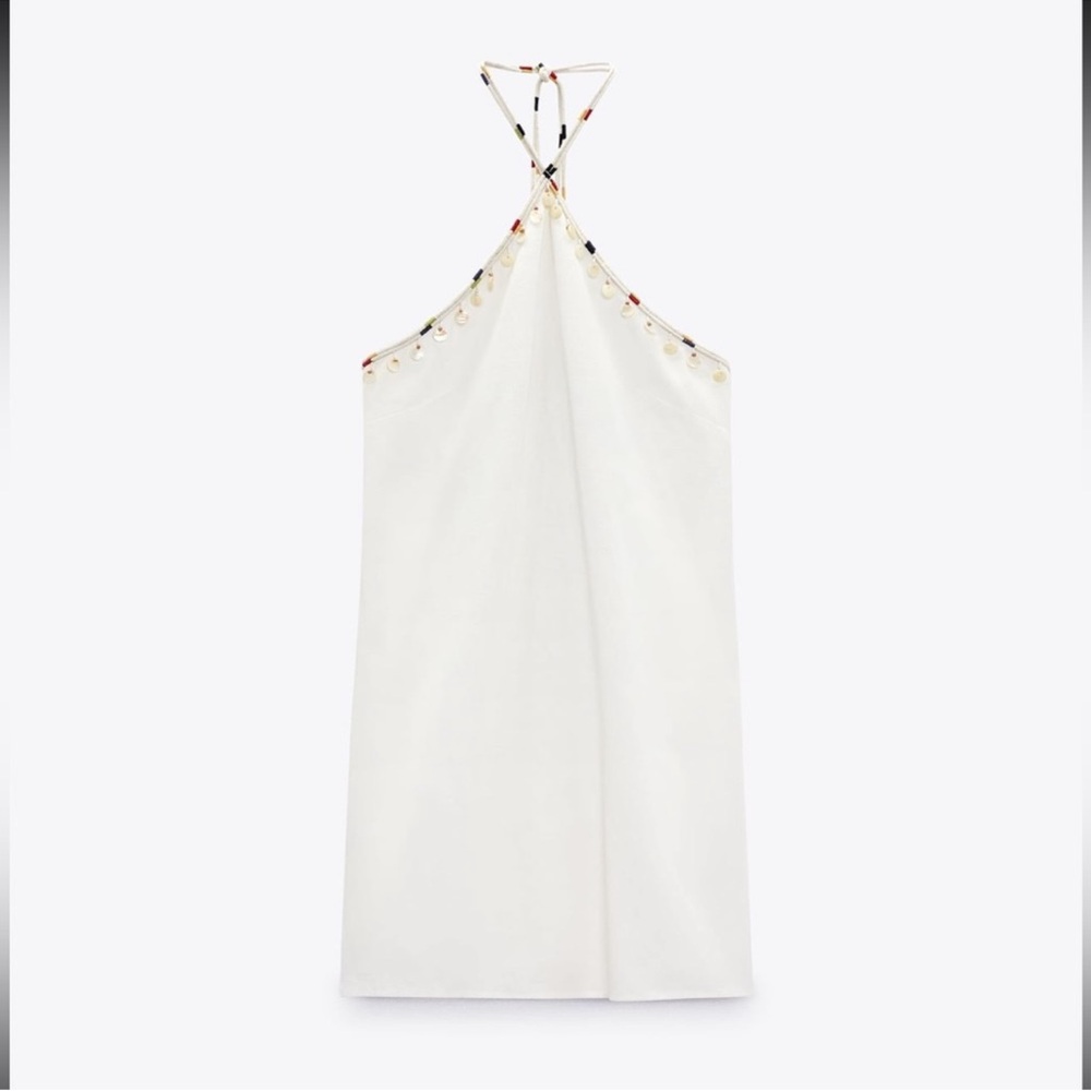 Zara White Halter Neck Beaded Linen Dress with Embroidered Trim